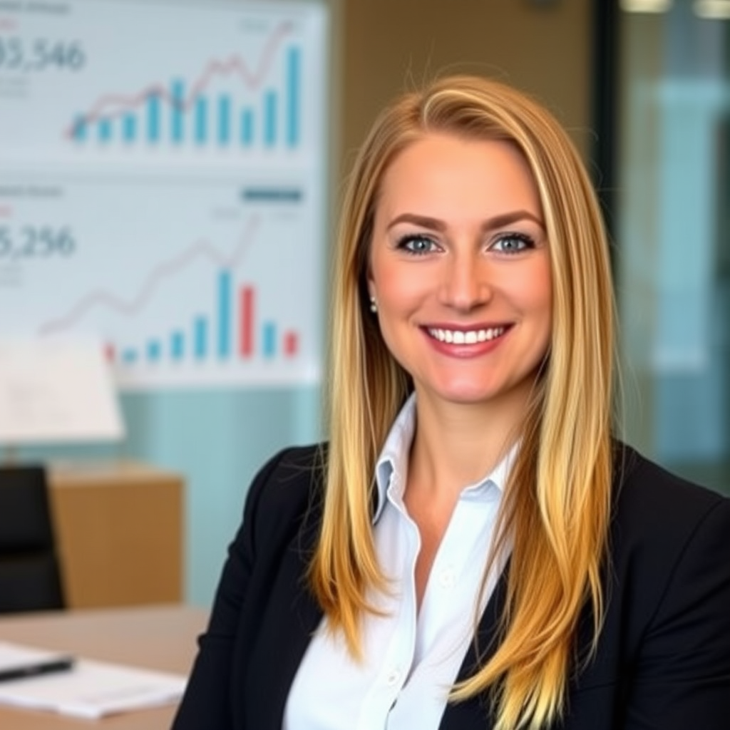 Professional portrait of Sarah Mitchell, Senior Financial Advisor, wearing business attire in a modern office setting with financial charts and documents in the background