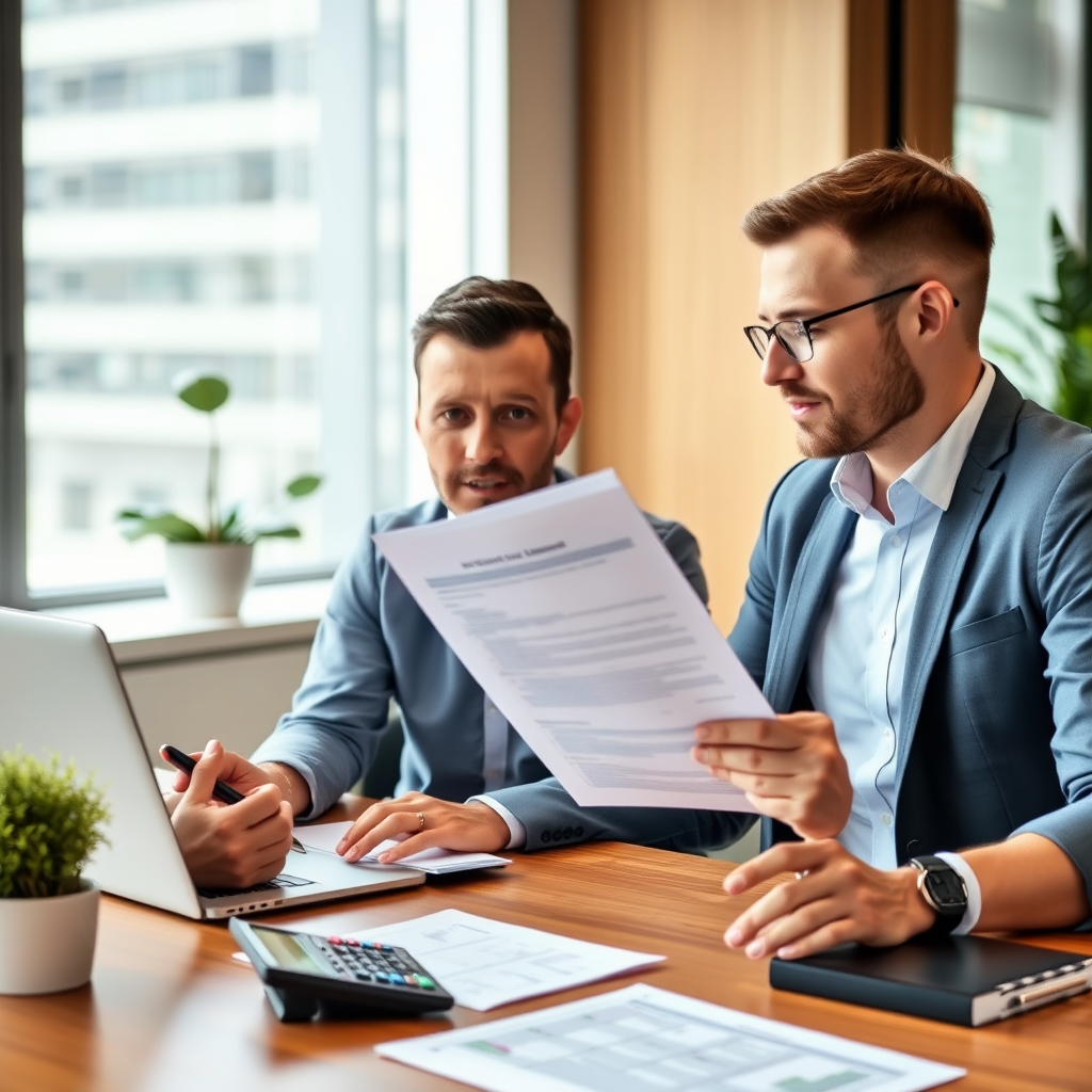 Professional financial advisor consulting with client about personal lending solutions, showing documents and calculator on modern office desk