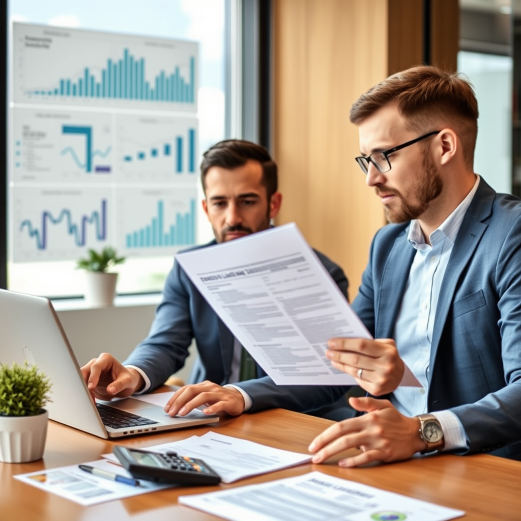 Professional financial advisor consulting with client about personal lending options, showing documents and calculator on modern office desk with charts and graphs in background