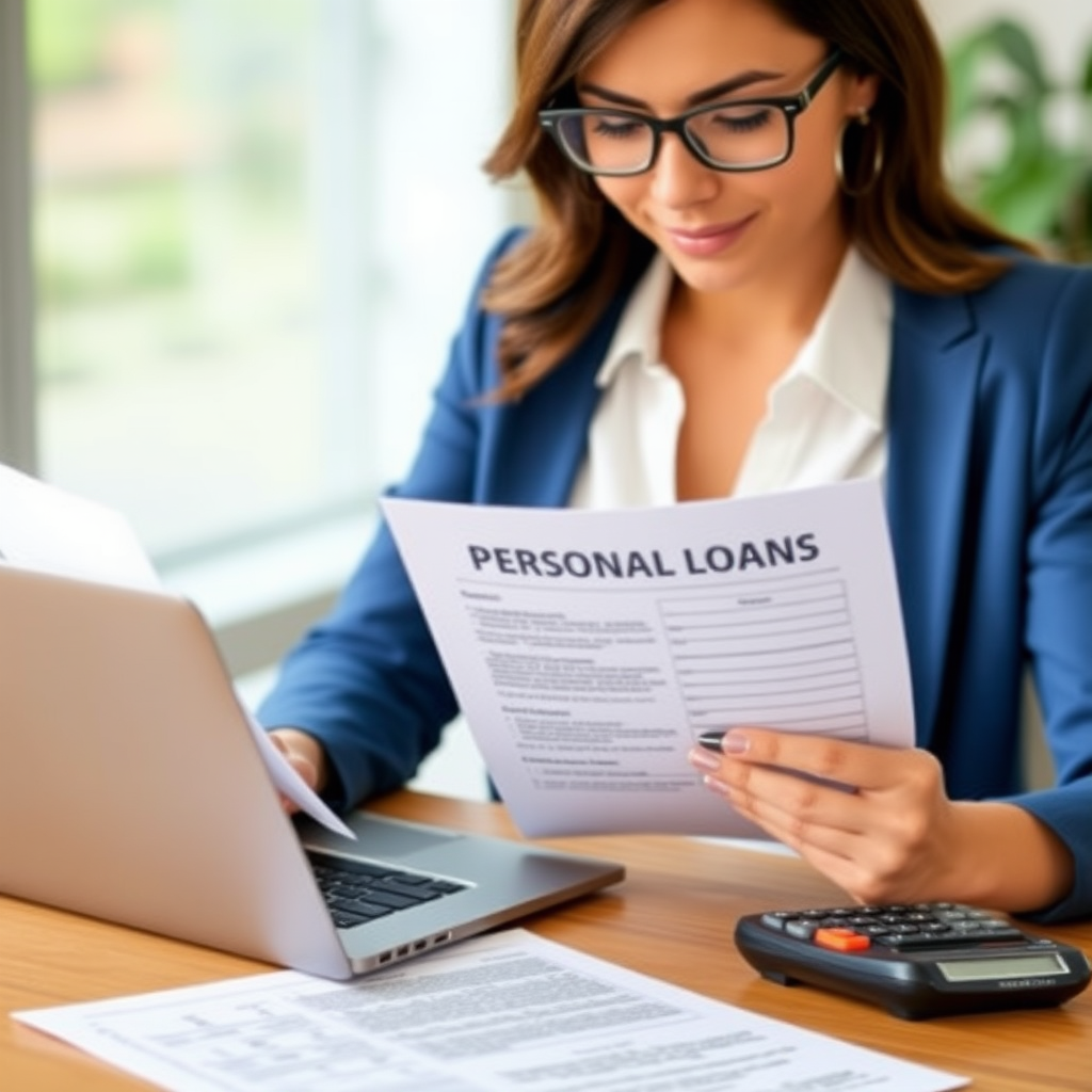 Professional woman reviewing personal loan documents on laptop with calculator and financial papers on desk