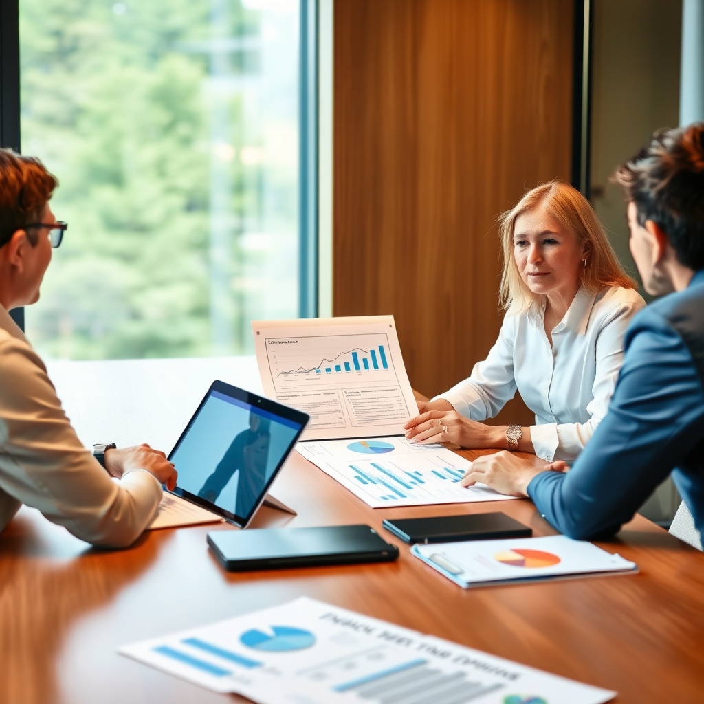 Professional business meeting discussing financing options with charts and documents on conference table