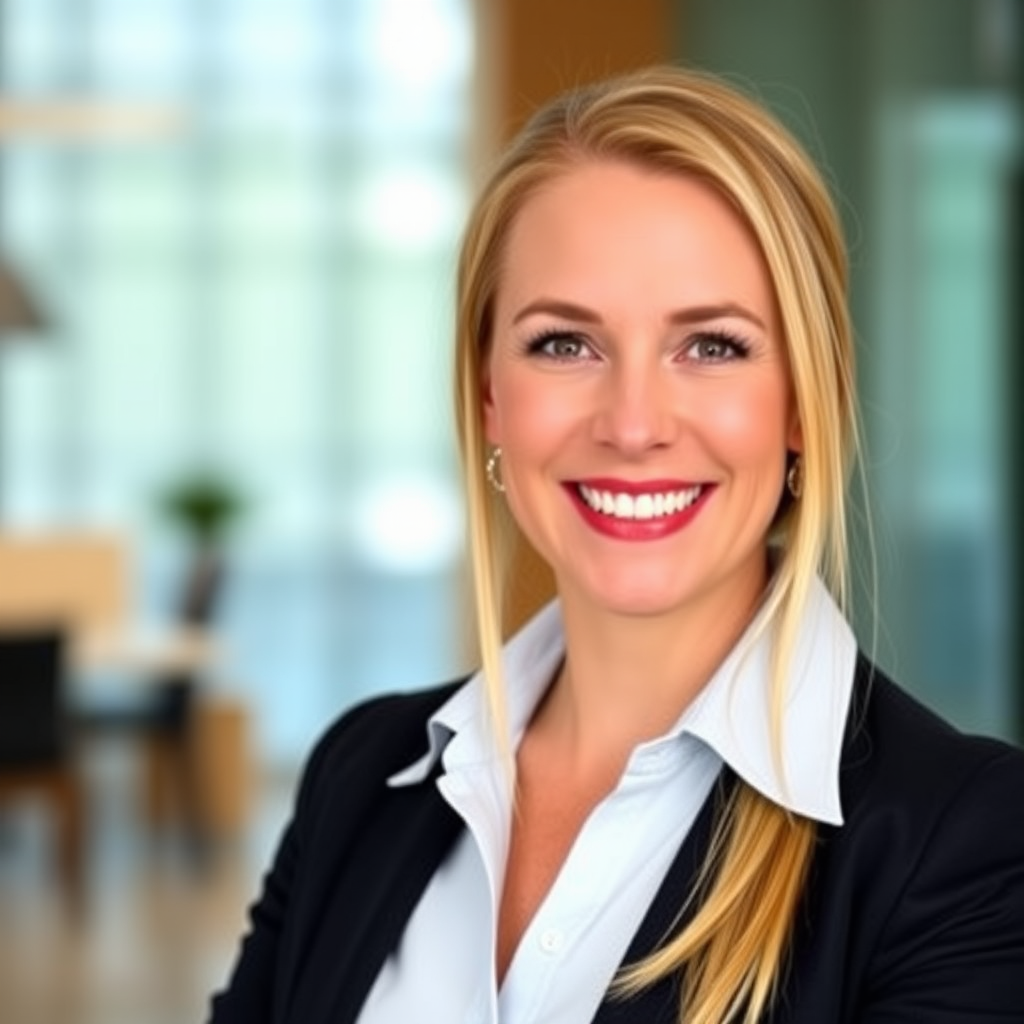 Professional headshot of Sarah Mitchell, a confident senior financial advisor in business attire, smiling warmly at the camera with a modern office background