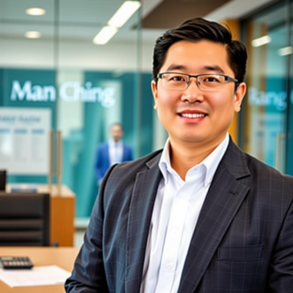 Professional headshot of Michael Chen, Mortgage Specialist, in business suit standing in front of a modern banking office with mortgage documents and calculator on desk