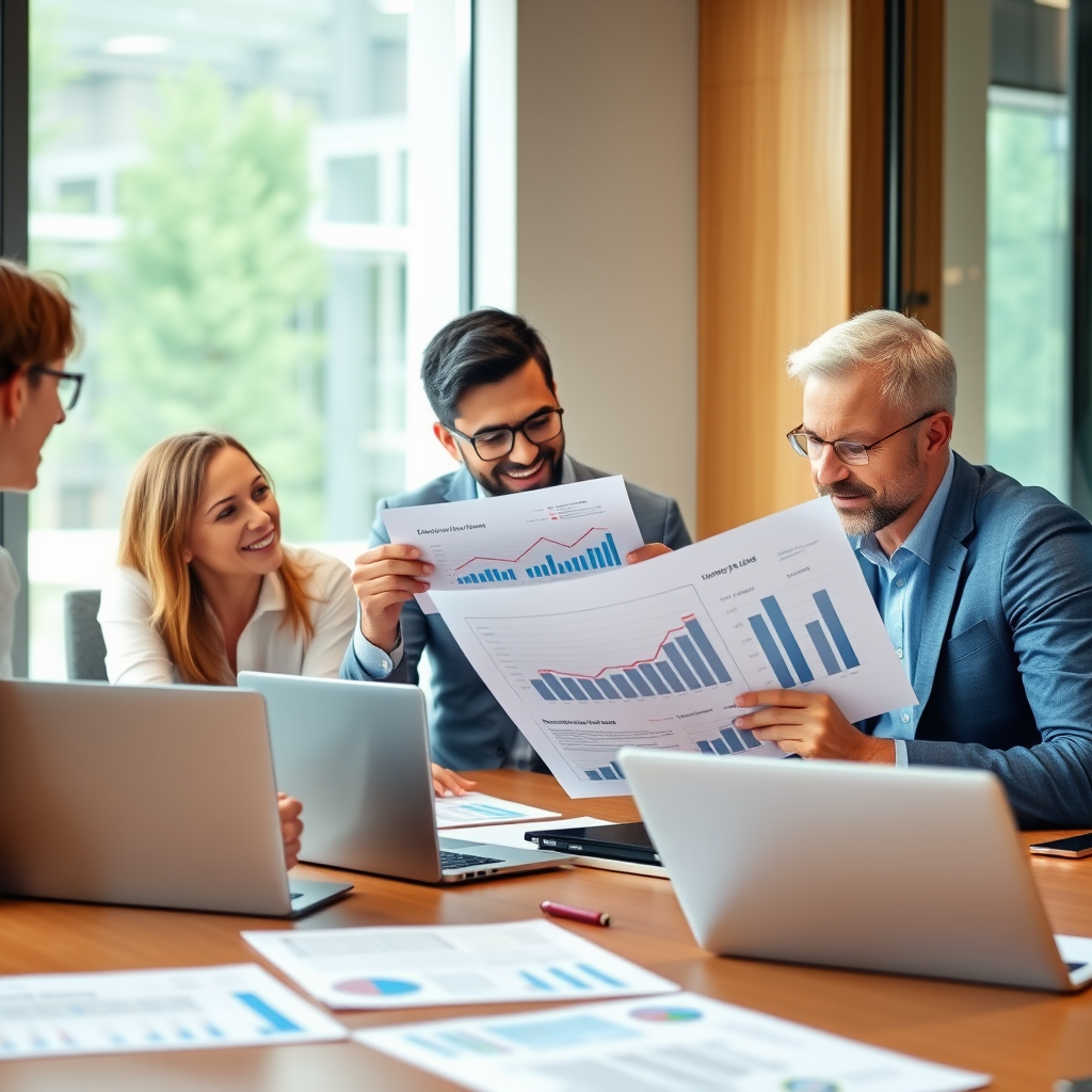 Business owners reviewing financial documents and growth charts in modern conference room, discussing business financing options with financial advisor, laptops and business plans visible on table