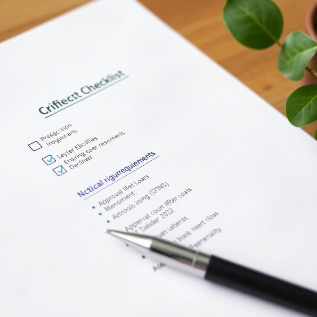 Professional checklist document with pen showing loan eligibility requirements and approval criteria