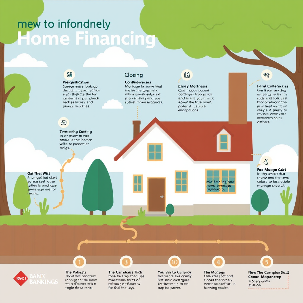 Detailed infographic showing the complete home financing journey from pre-qualification through closing, featuring BMO banking options and mortgage process steps