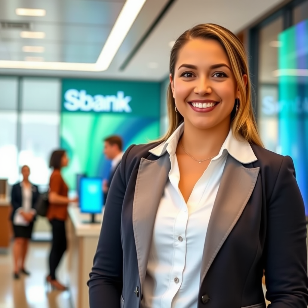 Professional portrait of Jennifer Rodriguez, Branch Manager, in executive business attire standing in a modern bank branch with team members and banking technology visible in background
