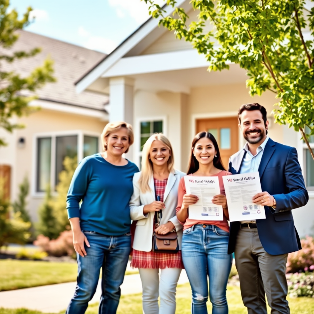 Happy family standing in front of beautiful modern home with real estate agent and financial advisor, holding house keys and mortgage documents, sunny residential neighborhood background