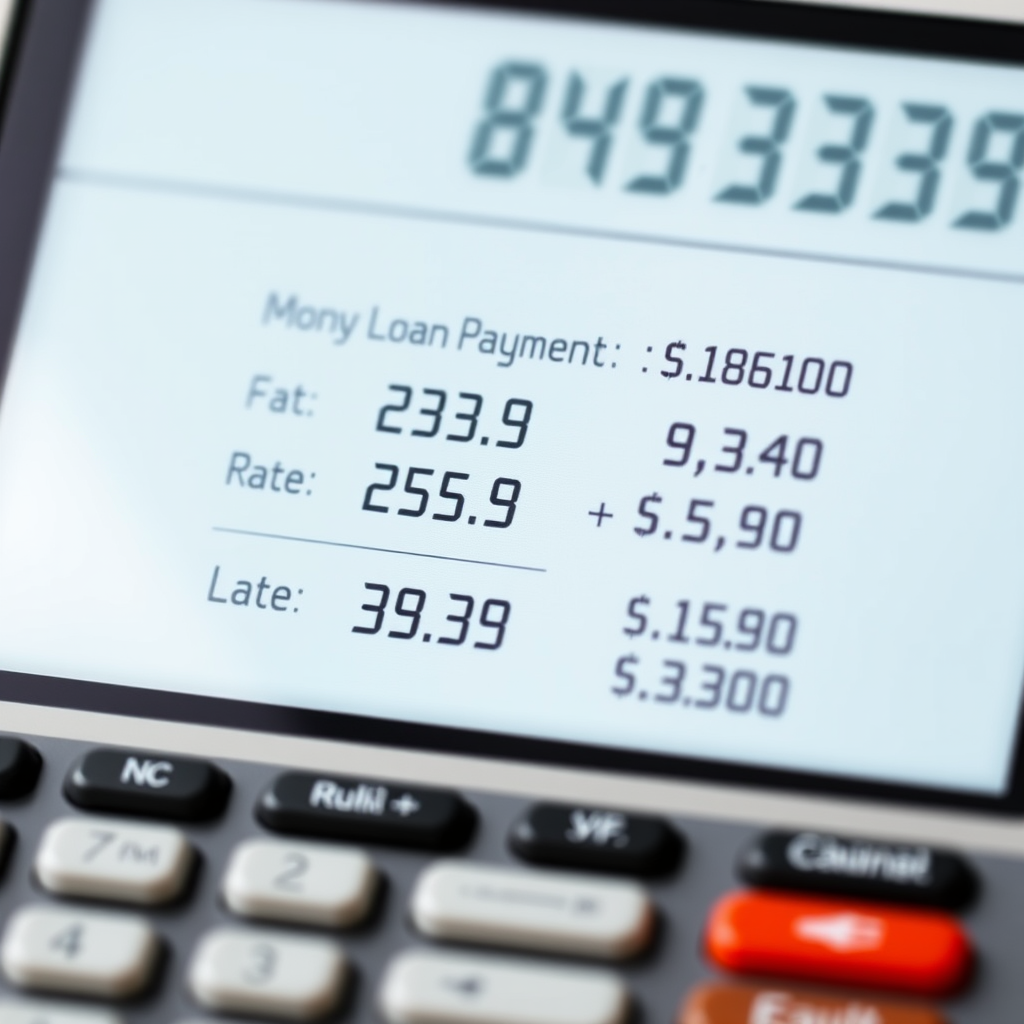 Digital calculator interface showing loan payment calculations with monthly payment amounts and interest rates displayed on screen
