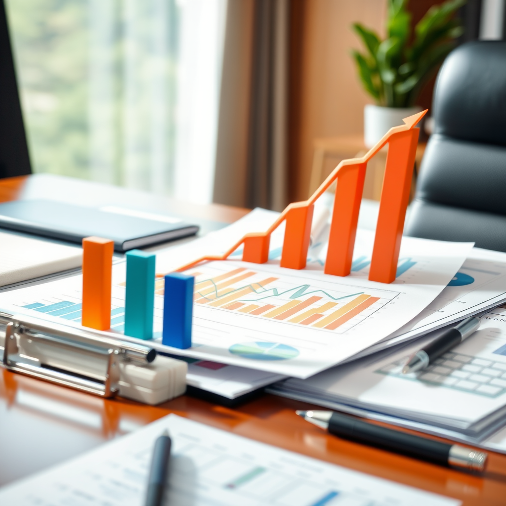 Business growth concept showing upward trending charts, expansion plans, and strategic planning documents on executive desk