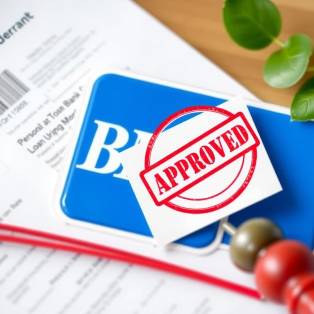 BMO bank logo with personal loan documents and approved stamp showing successful loan application